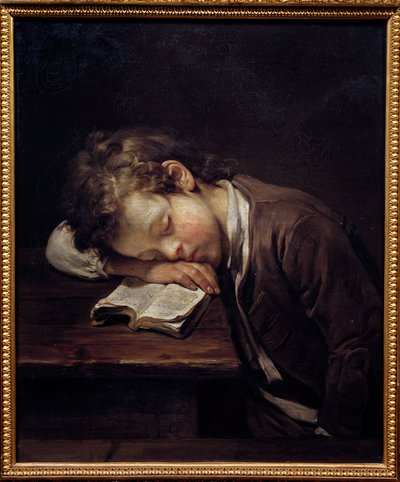 O pequeno preguiçoso. Retrato de um jovem rapaz que matou no seu livro. Pintura de Jean Baptiste Greuze (1725-1805) de Jean Baptiste Greuze