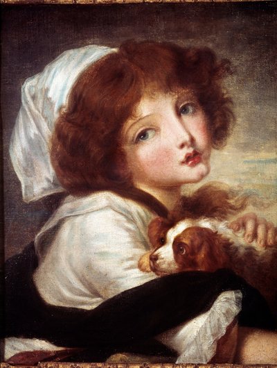 Menina com Pintura de Cão Pequeno de Jean Baptiste Greuze (1725-1805) Paris do século XVIII, Musee Cognacq Jay. de Jean Baptiste Greuze