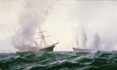 Um navio em chamas no mar, com outro em pé de Jean Baptiste Henri Durand Brager