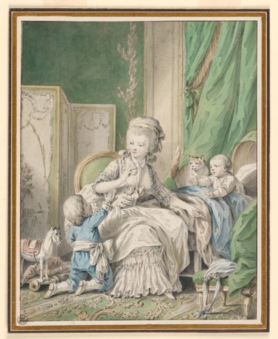 Mãe e dois filhos em um Boudoir de Jean Baptiste Huet