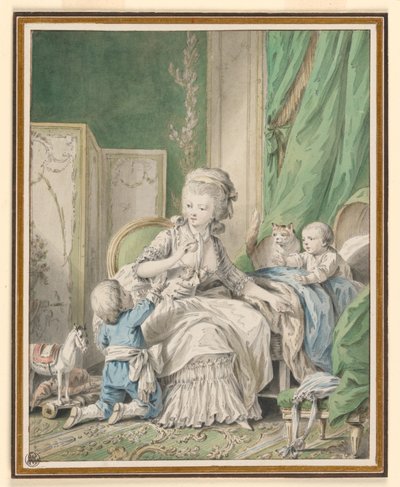 Desenho, Mãe e duas crianças num boudoir, possivelmente 1782 de Jean Baptiste Huet
