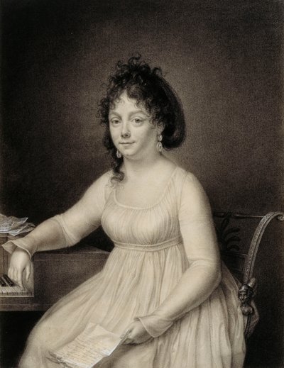 Uma Dama Sentada, com três quartos, provavelmente um membro da família do artista, segurando uma carta na mão esquerda e descansando o braço direito ao lado de um piano, 1820 de Jean Baptiste Jacques Augustin