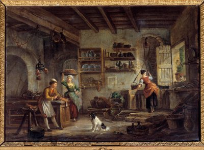 Um interior de cozinha Cozinheiros e empregadas preparando as refeições do seu mestre. Pintura de Jean Baptiste Lallemant (1710-1803) Século XVIII Bourg en bresse, Musee de Brou de Jean Baptiste Lallemand