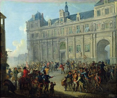 O Assassinato de Jacques de Flesselles na Escadaria da Prefeitura em 14 de julho de 1789 de Jean Baptiste Lallemand