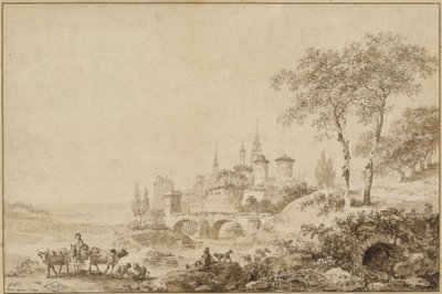 Pastores em uma paisagem antes de uma cidade fortificada de Jean Baptiste Le Prince