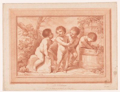 Quatro putti com um barril de vinho La Vendange (título no objeto) de Jean Baptiste Lucien