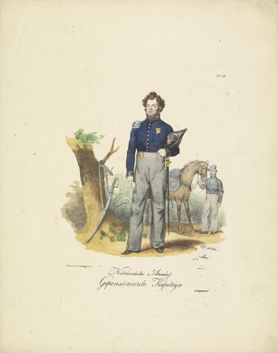 Capitão aposentado, 1820-1825 Nederlandsche Armée, aposentado Kapiteyn (título no objeto) Trajes militares do Reino dos Países Baixos. Dedicado a Sua Excelência Willem van Bylandt (título da série no objeto) de Jean Baptiste Madou