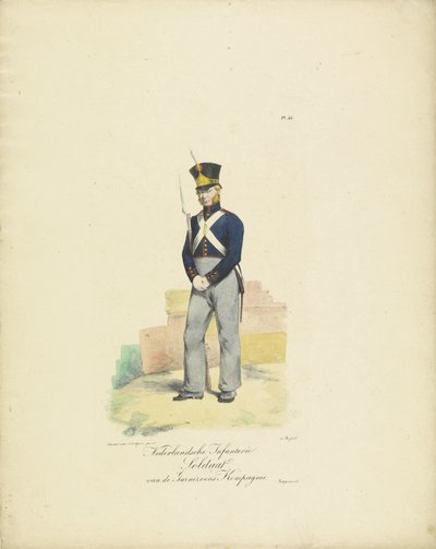 Soldado da Garrison Company, 1820-1825
Nederlandsche Infanterie Soldaat van de Garnizoens Kompagnie (título sobre o objecto)
Fatos militares do Reino dos Países Baixos. Dedicado a Sua Excelência William de Bylandt (título da série sobre o objecto) de Jean Baptiste Madou