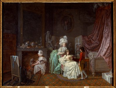 O penteado familiar na privacidade de um quarto, a mãe aquece a filha que lê. Outro brinca com o cão. Pintura de Jean Baptiste Mallet (1759-1835) Paris do século XVIII, Artes Decorativas de Jean Baptiste Mallet