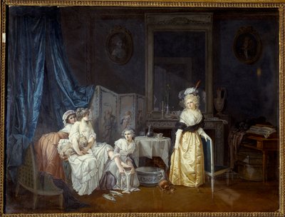 O banheiro Uma jovem, com a ajuda de suas donzelas, está prestes a tomar banho. Pintura de Jean Baptiste Mallet de Jean Baptiste Mallet