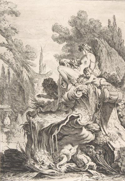 A Ninfa Sentada Fonte com uma náiade assentada sobre uma concha, ca. 1740. de Jean Baptiste Marie Pierre