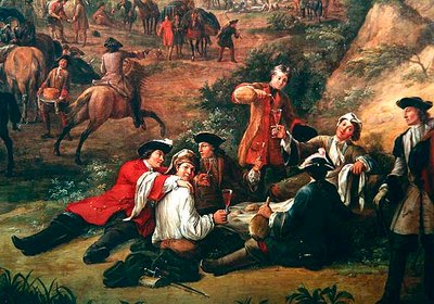 Grupo de soldados bebendo, detalhe de vista da sede do Príncipe de Conti entre San Sebastian e Hondarribia, junho de 1719 (detalhe de 429011) de Jean Baptiste Martin