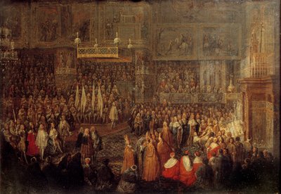 Sacre of Louis XV (1710-1774) na Catedral de Reims em 25/10/1722 Pintura de Jean Baptiste Martin (1659-1735) 1735 Sol. 0,32x0,42 m de Jean Baptiste Martin