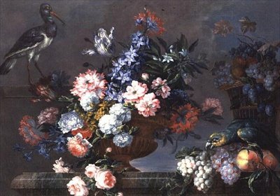 Uma Natureza Morta de Frutas e Flores com Aves de Jean Baptiste Monnoyer