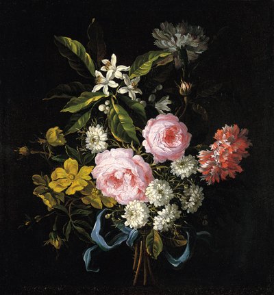 Buquê de camomila, rosas, flor de laranjeira e cravos amarrados com uma fita azul de Jean Baptiste Monnoyer