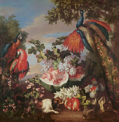 Frutas e pássaros exóticos em uma paisagem de Jean Baptiste Monnoyer