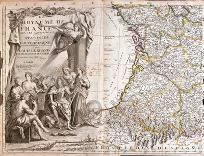 Mapa de Guyenne e Gasconha, com um retrato de Luís XIV (1638-1715)rodeado de personagens alegóricas de Jean Baptiste Nolin