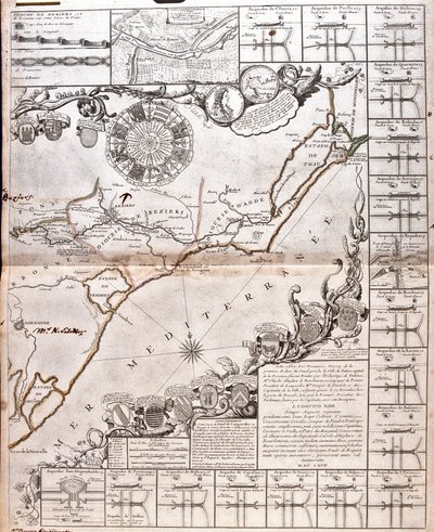 Mapa do Canal du Midi, com os seus aquedutos (Gravura de Jean Baptiste Nolin