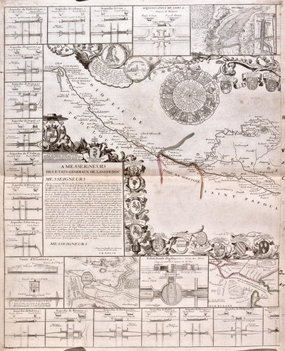 Mapa do Canal du Midi, com os seus aquedutos (Gravura de Jean Baptiste Nolin