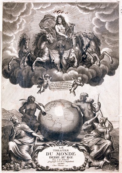 Retrato de Luís XIV, sobrevoando um globo terrestre, página de título (Gravura de Jean Baptiste Nolin