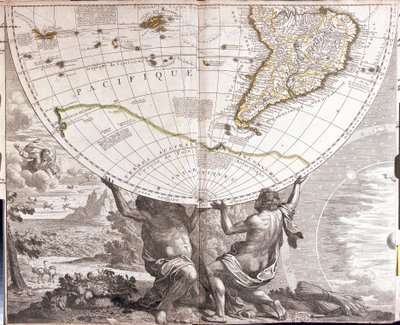 Dois homens apoiam o gobe terrestre, com o mapa da América do Sul (gravura de Jean Baptiste Nolin