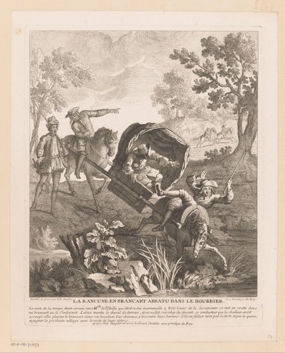 Portador com cavalos cai na água La Rancune en brancart abbatu dans le bourbier (title on object) Cenas de Roman Comique de Scarron (título da série) de Jean Baptiste Oudry
