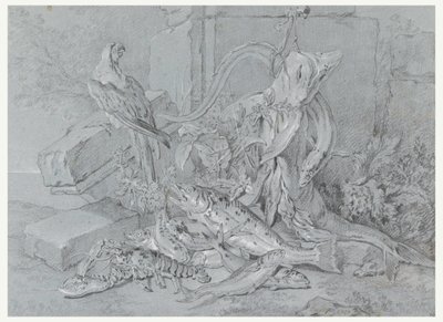 Desenho, Natureza-morta com peixe e papagaio, 1740 de Jean Baptiste Oudry