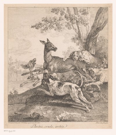 Veado atacado por cães de caça Arrêtés, cruels, arrêtez (...) (título no objeto) Cenas de caça (título da série) de Jean Baptiste Oudry