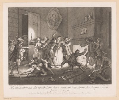 Interior com groep vechtende mensen Renovação da luta onde dois servos recebem tapas nas nádegas (título no objeto) Cenas de Roman Comique van Scarron (título da série) de Jean Baptiste Oudry