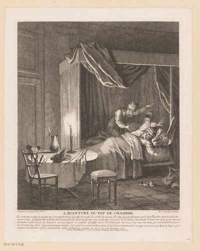 Homem acorda assustado com penico sendo esvaziado sobre ele Lavanture du pot de chambre (título no objeto) Cenas de Roman Comique de Scarron (título da série) de Jean Baptiste Oudry