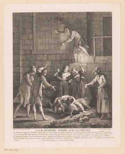 Homem valt bovenop een geit La Rapinière cai sobre a cabra (título no objeto) Cenas de Roman Comique van Scarron (título da série) de Jean Baptiste Oudry