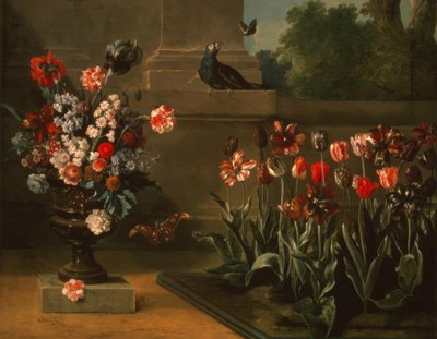 Canteiro de flores tulipa e vaso de flores ao pé de uma parede de Jean Baptiste Oudry