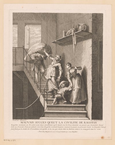Ragotin conheceu twee ladys op een trap Péssimo sucesso que a civilidade de Ragotin teve (título sobre objeto) Cenas de Roman Comique van Scarron (título da série) de Jean Baptiste Oudry