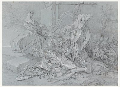 Natureza morta com peixe e papagaio de Jean Baptiste Oudry