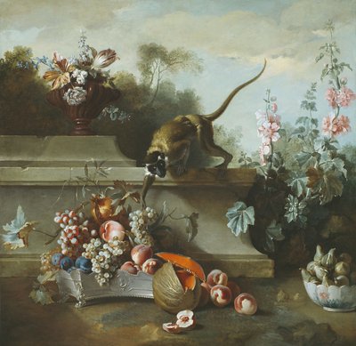 Natureza morta com macaco, frutas e flores, 1724 de Jean Baptiste Oudry