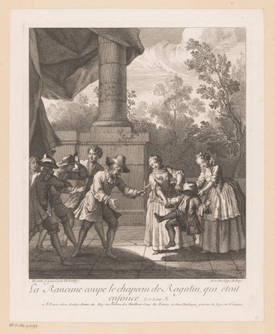 Trabalho feito por hoed van Ragotin La Rancune corta o chapéu de Ragotin (título do objeto) Cenas de Roman Comique van Scarron (título da série) de Jean Baptiste Oudry