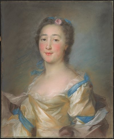 Uma jovem em um vestido amarelo com fitas azuis de Jean Baptiste Perronneau