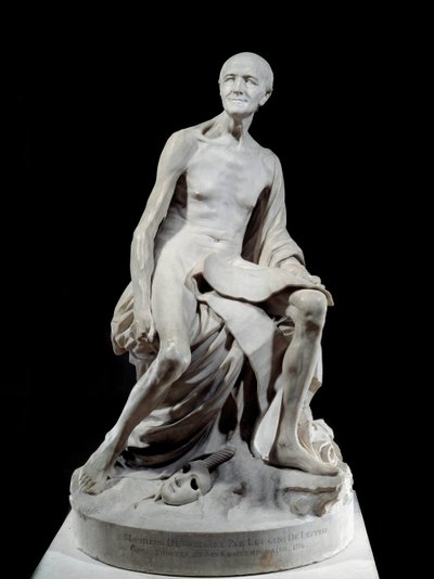 François-Marie Arouet dit Voltaire nu (1694-1778) Escultura em mármore de Jean-Baptiste Pigalle (1714-1785) 1776 Sol. 1,5 m Paris, Musee du Louvre de Jean Baptiste Pigalle