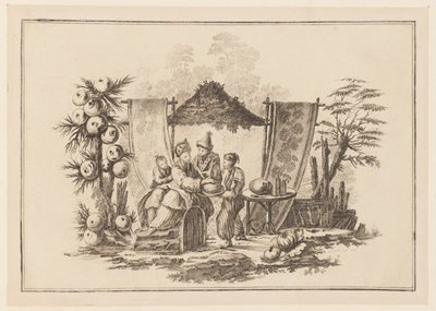 Figuras com uma abóbora, de "Novo Caderno de Seis Folhas de Diferentes Assuntos Chineses Históricos" de Jean Baptiste Pillement
