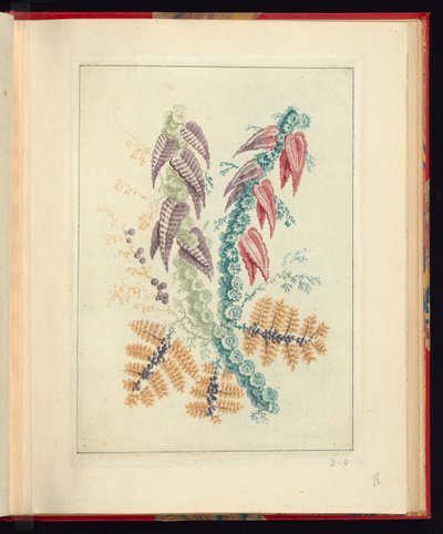 Desenho Ornamental com Folhas Triangulares Roxas e Vermelhas, da Nova Suíte de Cadernos de Flores Naturais para Uso de Desenhistas e Pintores, No.1 de Jean Baptiste Pillement