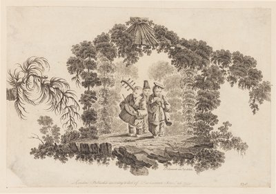Três figuras tocando instrumentos musicais, da "Coleção de vários jogos infantis chineses" de Jean Baptiste Pillement