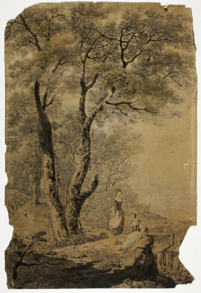 Paisagem arborizada com duas mulheres em primeiro plano de Jean Baptiste Pillement