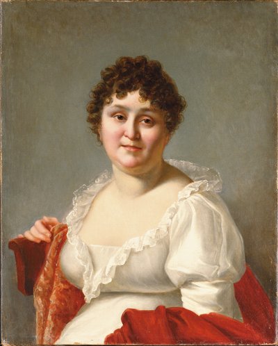 Retrato de Madame Regnault, na altura do busto, em um vestido branco e xale de caqui (óleo sobre tela) de Jean Baptiste Regnault