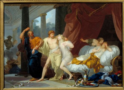 Sócrates puxando Alcibiade do seio do voluptuoso O filósofo Sócrates treina seu discípulo Alcibiade (450-404 AC) para longe dos lugares de perdição. Pintura de Jean Baptiste Regnault (1754-1829) 1791 Sol. 0,46x0,63 m de Jean Baptiste Regnault