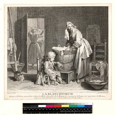 La Blanchisseuse, gravada por Charles Nicolas Cochin I (1688-1754) 1739 (gravura e gravação) de Jean-Baptiste Simeon (after) Chardin