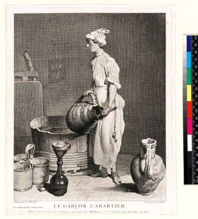 Le Garçon Cabaretier (The Cellar Boy) gravado por Charles Nicolas Cochin I (1688-1754) 1750 (gravura e gravação) de Jean-Baptiste Simeon (after) Chardin