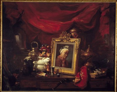 Chardin e os seus modelos. Tabela em um array (abyme). Um quadro representando Jean Baptiste Simeon Chardin (1699-1779) rodeia naturezas mortas. Pintura de Philippe Rousseau (1816-1887) 1867 Sol. 1,77x2,26 m Paris, musee d