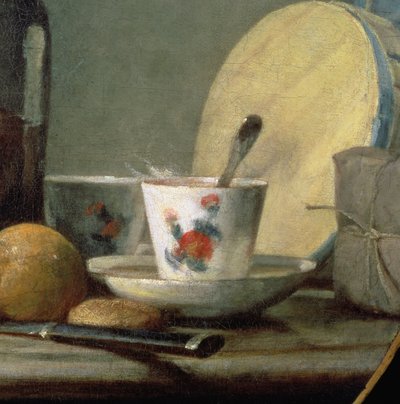 Pote de damascos, 1758, detalhe de Jean-Baptiste Simeon Chardin