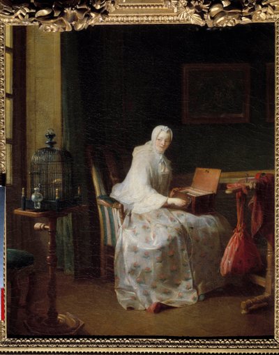 La serinette ou dame variante ses diversões Pintura de Jean Baptiste Simeon Chardin (1699-1779) Século XVIII Sol. 0,50 x 0,43 m de Jean Baptiste Simeon Chardin
