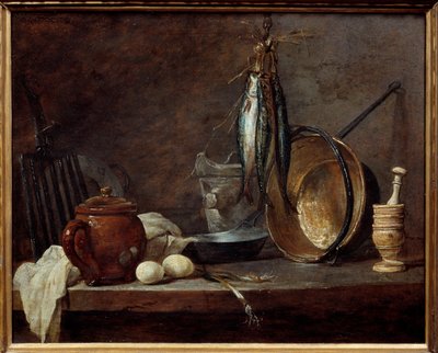 Ementa de utensílios magros e de cozinha. Natureza morta. Pintura de Jean Baptiste Simeon Chardin (1699-1779) de Jean Baptiste Simeon Chardin
